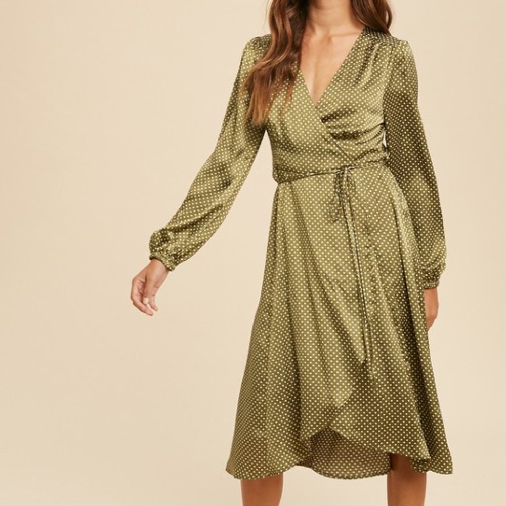 NWT Olive Satin Polka Dot Wrap Dress - Picture 1 of 5